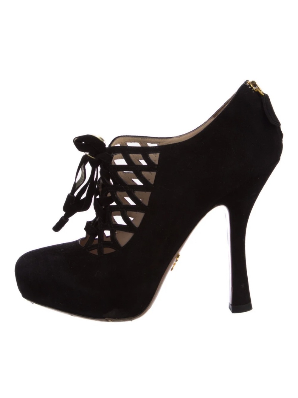 Prada Black Suede Caged Lace-Up Spool Heel Pumps 37